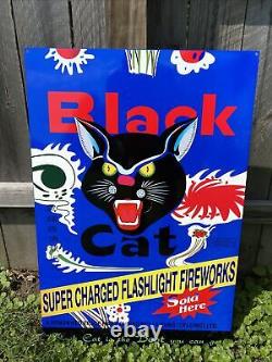 HUGE Black Cat Double Sided Metal Sign Fireworks 4th Of July Celebration Gas Oil