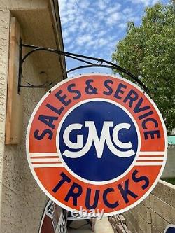 HUGE''GMC'' TRUCKS PORCELAIN DOUBLE SIDED SIGN 42 With Mounting Bracket
