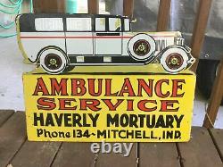 Heavy PORCELAIN Flange SIGN. 24 X 18 Die Cut Double Sided AMBULANCE SIGN