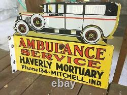 Heavy PORCELAIN Flange SIGN. 24 X 18 Die Cut Double Sided AMBULANCE SIGN