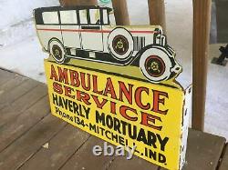 Heavy PORCELAIN Flange SIGN. 24 X 18 Die Cut Double Sided AMBULANCE SIGN