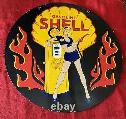 Huge 30 Inch Double Sided Vintage Style Shell Gasoline, Porcelain Pinup Sign