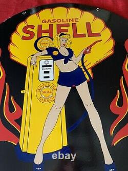 Huge 30 Inch Double Sided Vintage Style Shell Gasoline, Porcelain Pinup Sign