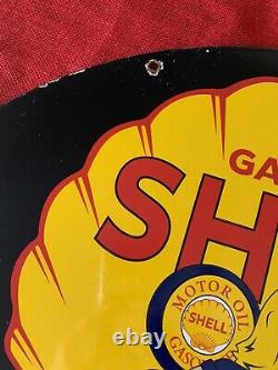 Huge 30 Inch Double Sided Vintage Style Shell Gasoline, Porcelain Pinup Sign