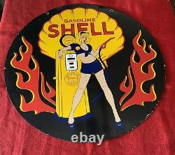 Huge 30 Inch Double Sided Vintage Style Shell Gasoline, Porcelain Pinup Sign