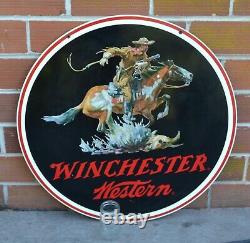 Huge 38 Vintage Winchester Western Double sided Metal Dealer sign Stout Sign Co