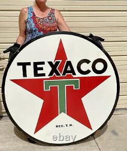 Huge Porcelain Texaco Gas And Oil Sign Double Sided 48 Man Cave Garage Shop Sig