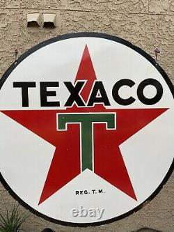 Huge Porcelain Texaco Gas And Oil Sign Double Sided 48 Man Cave Garage Shop Sig