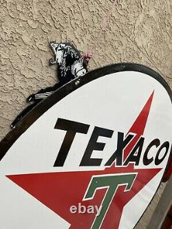 Huge Porcelain Texaco Gas And Oil Sign Double Sided 48 Man Cave Garage Shop Sig