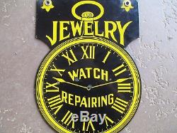 Jewelry Watch Repair Antique Porcelain Sign Double Sided with Sidewalk Bracket