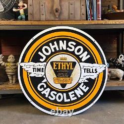 Johnson Gasolene Porcelain Enamel Double Sided Big 24 Sign Vintage Advertising