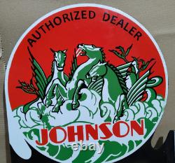 Johnson Outboard Motors And Boats Porcelain Enamel Sign 28 x 20 Inches 2 Sided