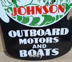 Johnson Outboard Motors And Boats Porcelain Enamel Sign 28 x 20 Inches 2 Sided