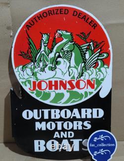 Johnson Outboard Motors And Boats Porcelain Enamel Sign 28 x 20 Inches 2 Sided