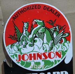 Johnson Outboard Motors And Boats Porcelain Enamel Sign 28 x 20 Inches 2 Sided