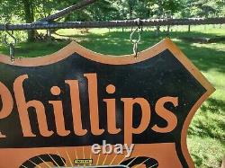 LARGE OLD VINTAGE DOUBLE-SIDED PHILLIPS 66 With BRACKET PORCELAIN GAS STATION SIGN