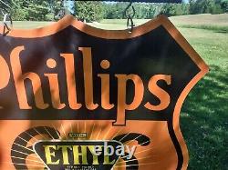 LARGE OLD VINTAGE DOUBLE-SIDED PHILLIPS 66 With BRACKET PORCELAIN GAS STATION SIGN