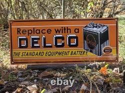 LARGE VINTAGE DELCO PORCELAIN SIGN DOUBLE-SIDED 24x10