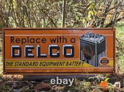 LARGE VINTAGE DELCO PORCELAIN SIGN DOUBLE-SIDED 24x10