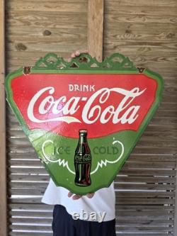 LARGE VINTAGE DRINK COCA-COLA DOUBLE SIDED PORCELAIN SIGN 24.5 x 22