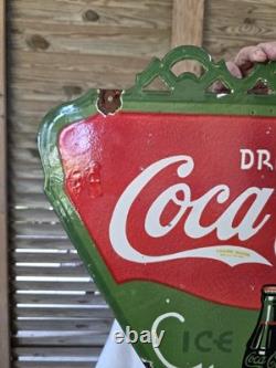LARGE VINTAGE DRINK COCA-COLA DOUBLE SIDED PORCELAIN SIGN 24.5 x 22