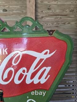 LARGE VINTAGE DRINK COCA-COLA DOUBLE SIDED PORCELAIN SIGN 24.5 x 22