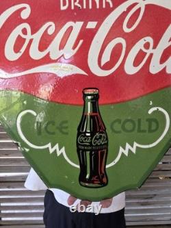 LARGE VINTAGE DRINK COCA-COLA DOUBLE SIDED PORCELAIN SIGN 24.5 x 22