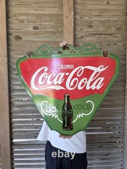 LARGE VINTAGE DRINK COCA-COLA DOUBLE SIDED PORCELAIN SIGN 24.5 x 22