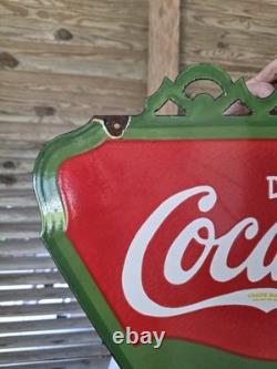 LARGE VINTAGE DRINK COCA-COLA DOUBLE SIDED PORCELAIN SIGN 24.5 x 22