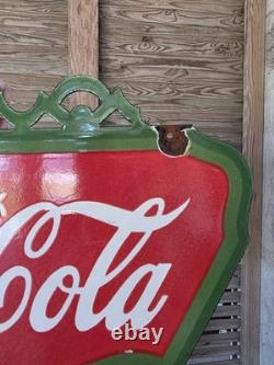 LARGE VINTAGE DRINK COCA-COLA DOUBLE SIDED PORCELAIN SIGN 24.5 x 22