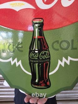 LARGE VINTAGE DRINK COCA-COLA DOUBLE SIDED PORCELAIN SIGN 24.5 x 22