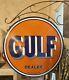 Large Vintage''gulf'' Double Sided With Bracket & 30 Inch Porcelain Sign
