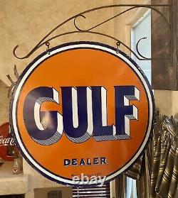 LARGE VINTAGE''GULF'' DOUBLE SIDED With BRACKET & 30 INCH PORCELAIN SIGN