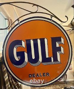 LARGE VINTAGE''GULF'' DOUBLE SIDED With BRACKET & 30 INCH PORCELAIN SIGN