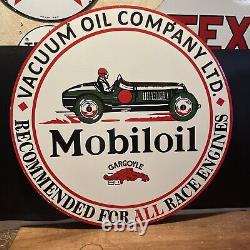 LARGE VINTAGE''MOBILOIL''GARGOYL DOUBLE SIDED With BRACKET 30 INCH PORCELAIN SIGN