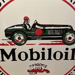 LARGE VINTAGE''MOBILOIL''GARGOYL DOUBLE SIDED With BRACKET 30 INCH PORCELAIN SIGN