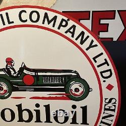 LARGE VINTAGE''MOBILOIL''GARGOYL DOUBLE SIDED With BRACKET 30 INCH PORCELAIN SIGN