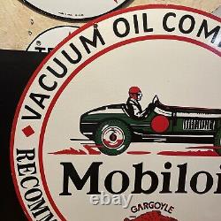 LARGE VINTAGE''MOBILOIL''GARGOYL DOUBLE SIDED With BRACKET 30 INCH PORCELAIN SIGN