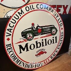 LARGE VINTAGE''MOBILOIL''GARGOYL DOUBLE SIDED With BRACKET 30 INCH PORCELAIN SIGN