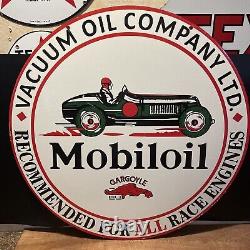 LARGE VINTAGE''MOBILOIL''GARGOYL DOUBLE SIDED With BRACKET 30 INCH PORCELAIN SIGN