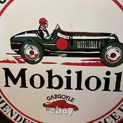 LARGE VINTAGE''MOBILOIL''GARGOYL DOUBLE SIDED With BRACKET 30 INCH PORCELAIN SIGN