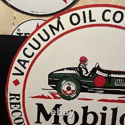 LARGE VINTAGE''MOBILOIL''GARGOYL DOUBLE SIDED With BRACKET 30 INCH PORCELAIN SIGN