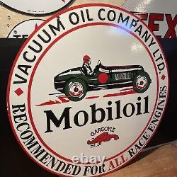 LARGE VINTAGE''MOBILOIL''GARGOYL DOUBLE SIDED With BRACKET 30 INCH PORCELAIN SIGN