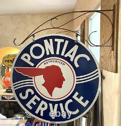 LARGE VINTAGE''PONTIAC SERVICE'' DOUBLE SIDED With BRACKET & 30 PORCELAIN SIGN
