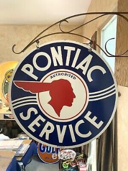 LARGE VINTAGE''PONTIAC SERVICE'' DOUBLE SIDED With BRACKET & 30 PORCELAIN SIGN
