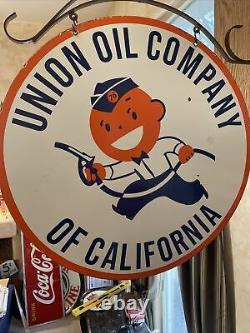 LARGE VINTAGE''UNION OIL 76'' DOUBLE SIDED With BRACKET 30 INCH PORCELAIN SIGN