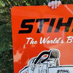 Large Double Sided Vintage Stihl Chain Saws Machine Porcelain Heavy Metal Sign