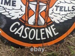 Large Double-sided Time Tells Ethyl Gasolene Porcelain Gas Station Sign 19