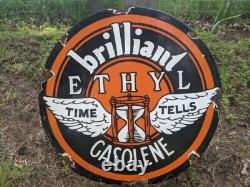 Large Double-sided Time Tells Ethyl Gasolene Porcelain Gas Station Sign 19