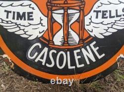 Large Double-sided Time Tells Ethyl Gasolene Porcelain Gas Station Sign 19